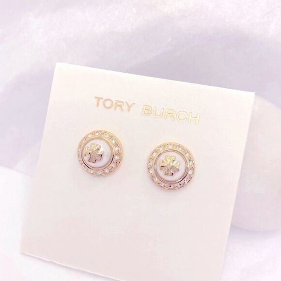 NWOT Tory Burch Gold Logo, Pearl Round Zircon Accent Stud Earrings - Picture 2 of 8